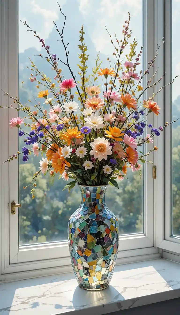 Sunlit mosaic vase with wildflowers on a bright windowsill