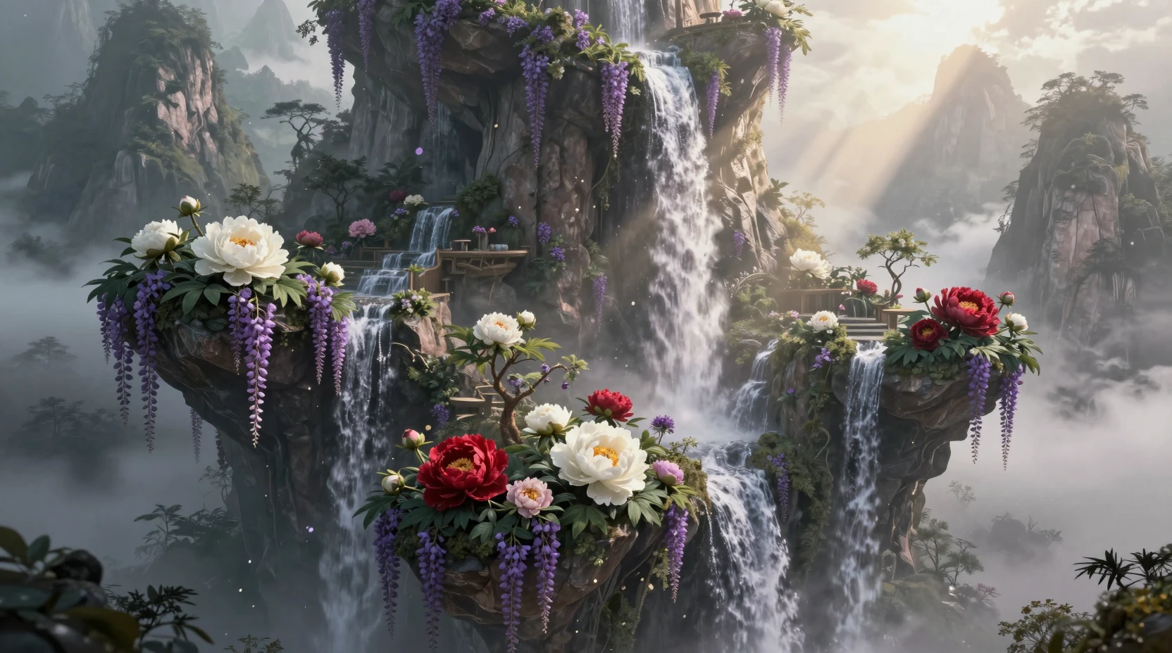 Colossal terrace garden on a misty ancient mountain peak