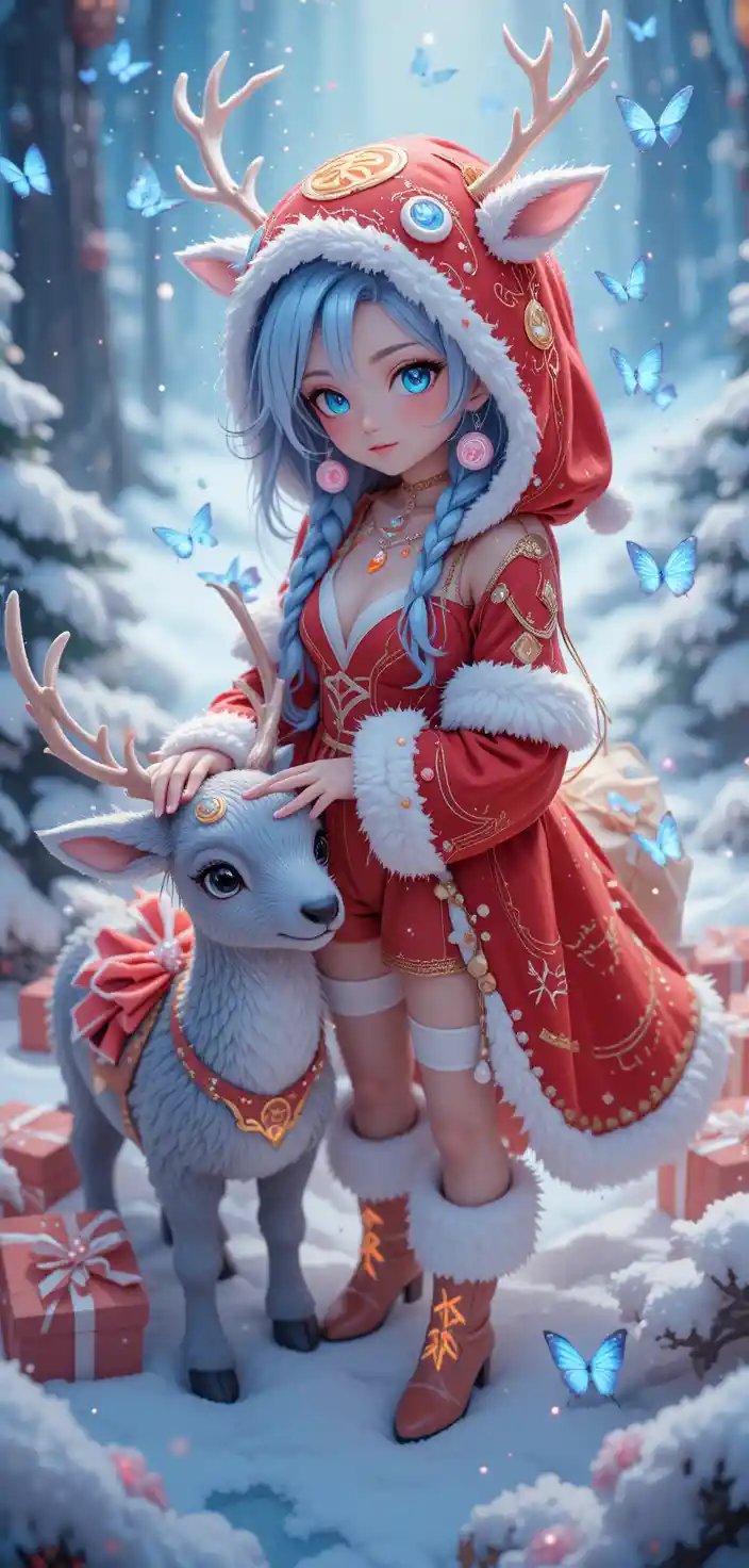 Anime reindeer girl in snowy magical christmas fantasy scene