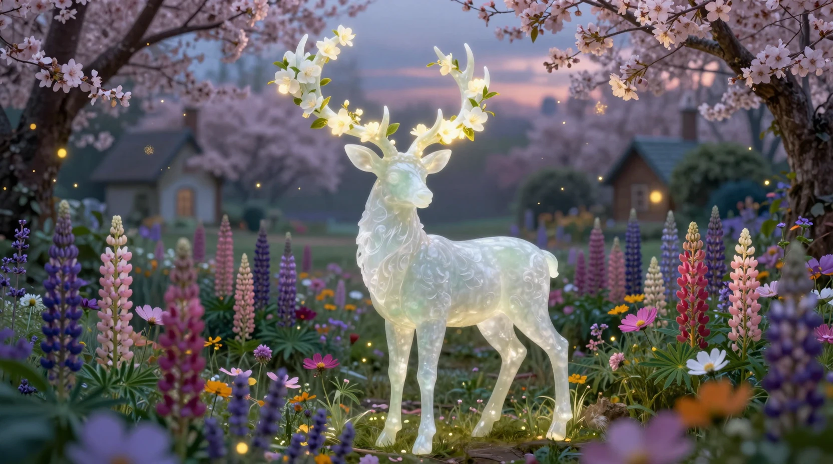 Mystical Jade Stag In A Glowing Twilight Flower Garden