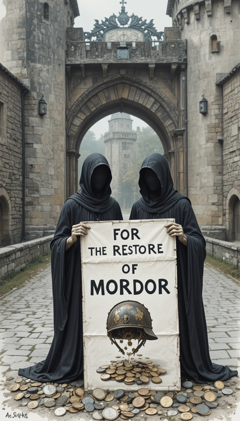 Hooded figures with a protest poster at a castle gate