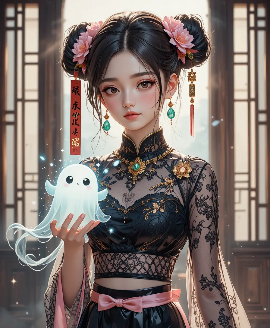 Ragazza anime ispirata ai Jiangshi con fantasmi luminosi e gioielli
