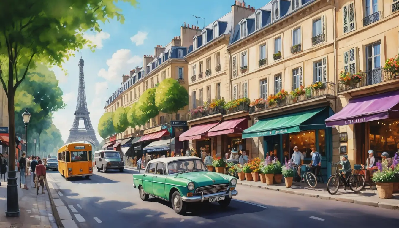 Vibrant parisian street with colonial facades and busy traffic