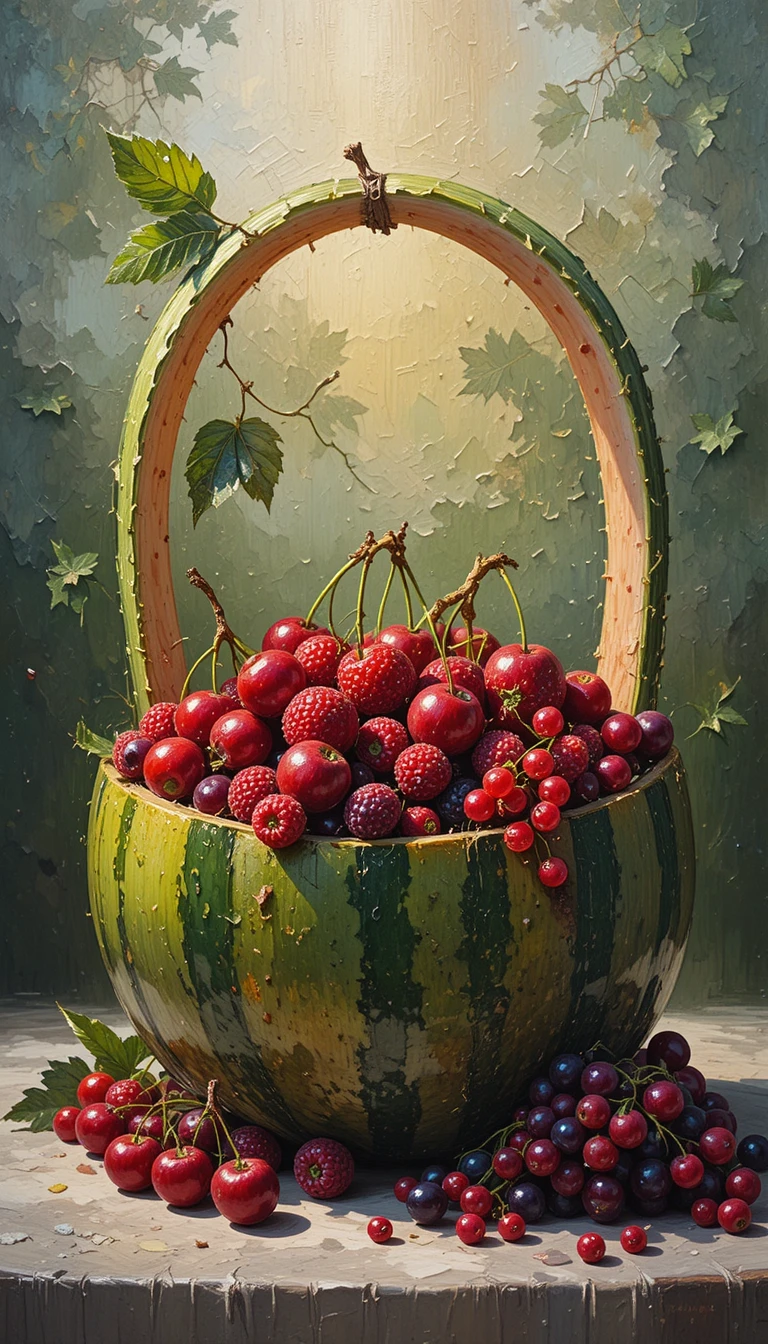 Impasto painting of mixed red fruits in a melon basket