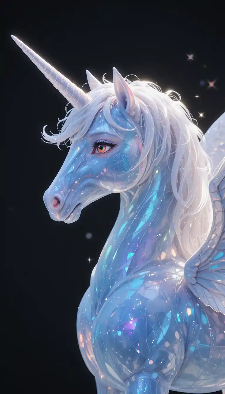 Dreamy Anime Unicorn With Wings On Black Holographic Background