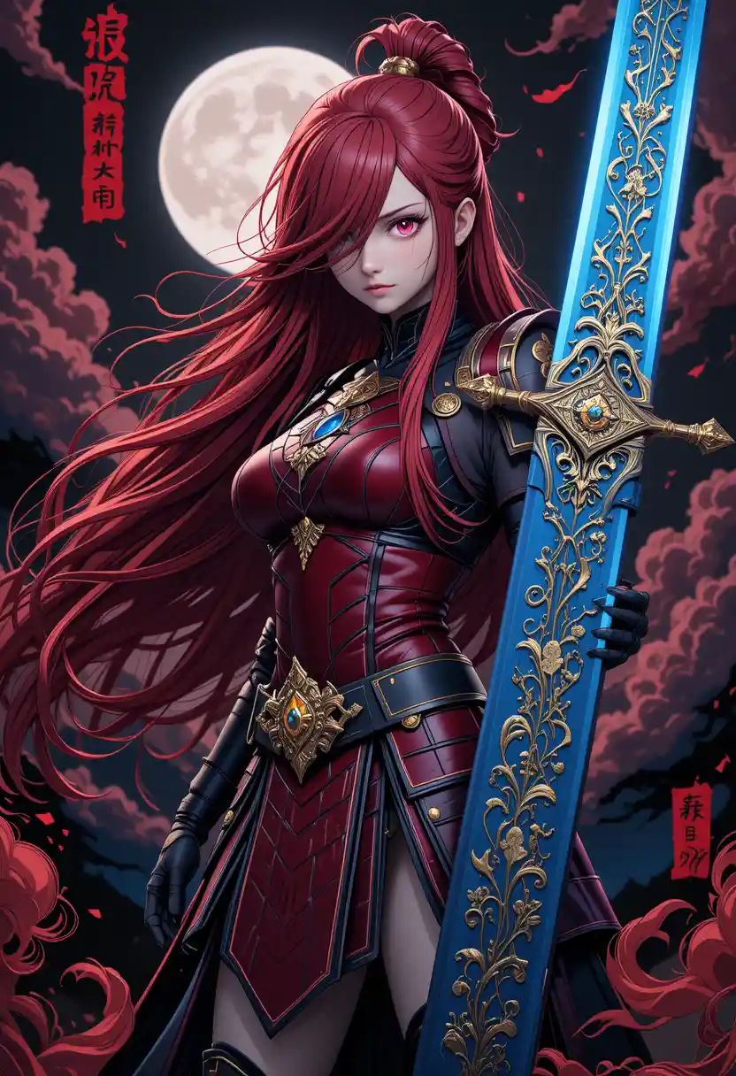 Red haired armored swordswoman with gigantic obsidian blade
