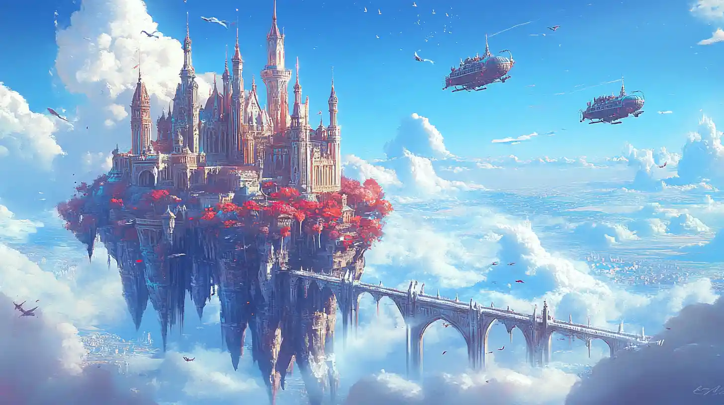 Vast fantasy castle on a crystal platform in sky