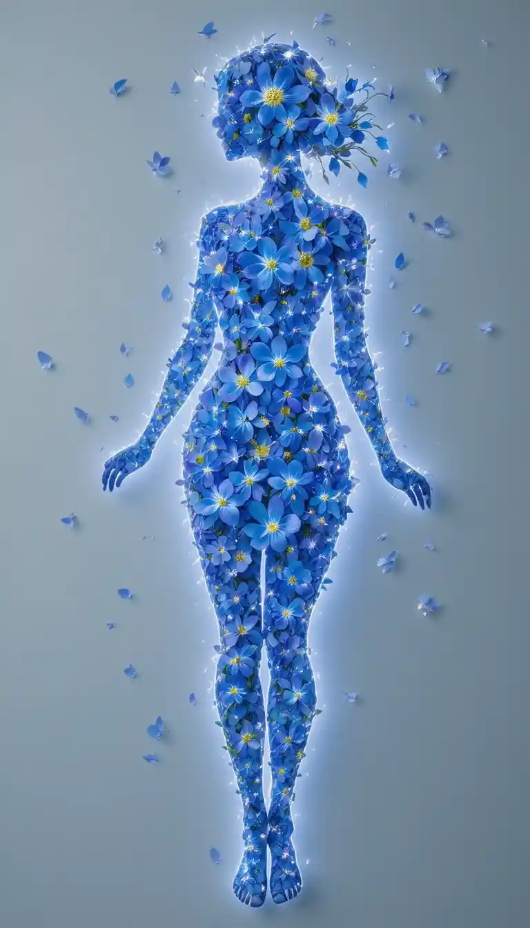 Glowing blue bellflower woman silhouette on white background