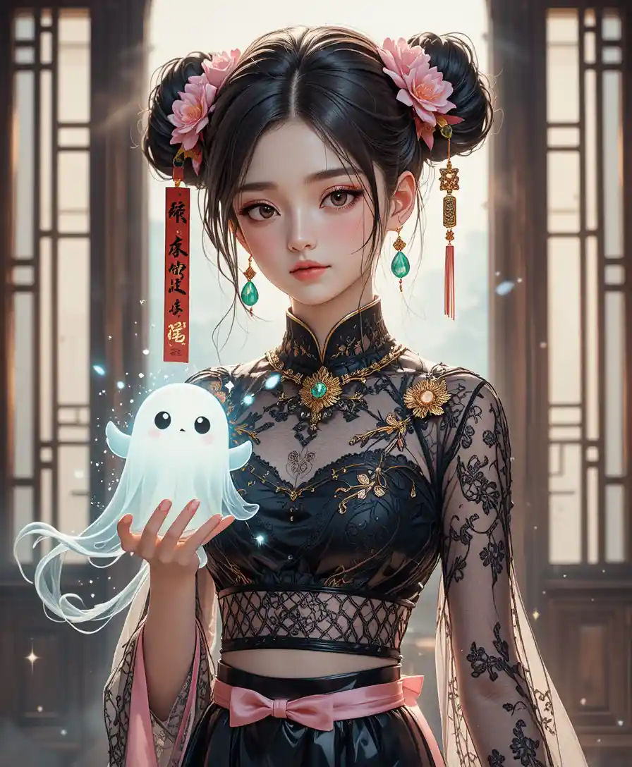 Jiangshi inspired anime girl with glowing ghosts and jewels