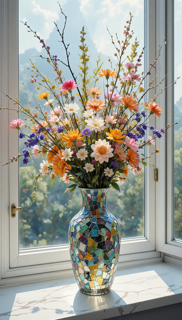 Sunlit mosaic vase with wildflowers on a bright windowsill