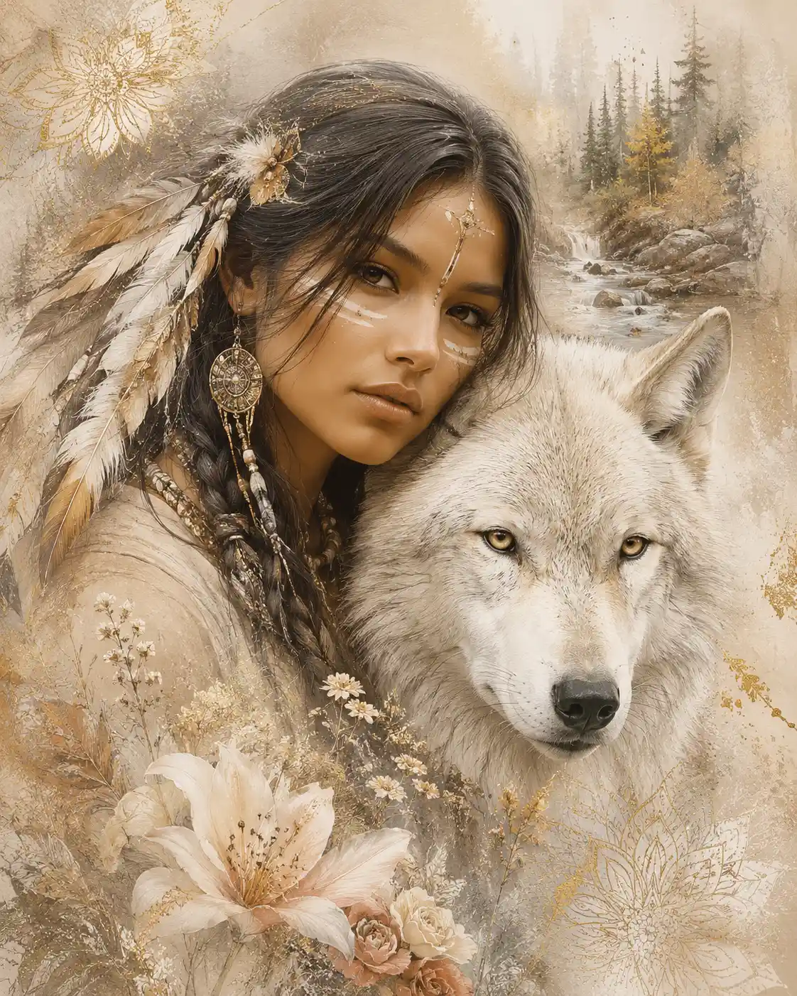Native American woman with white wolf in forest close up
