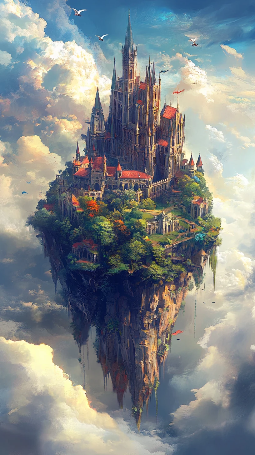 Vast floating castle rising among bright enchanted clouds