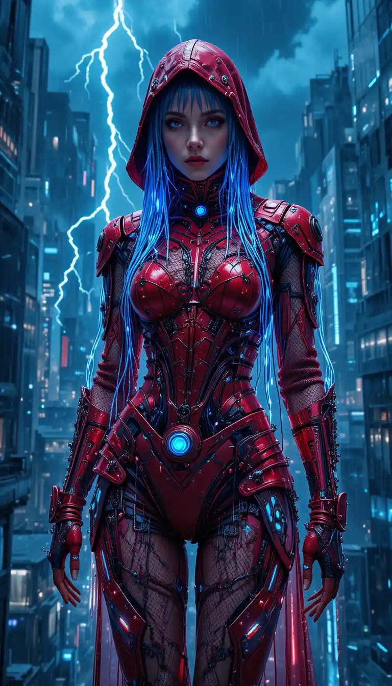 Futuristic neon goddess above a stormy cyberpunk city