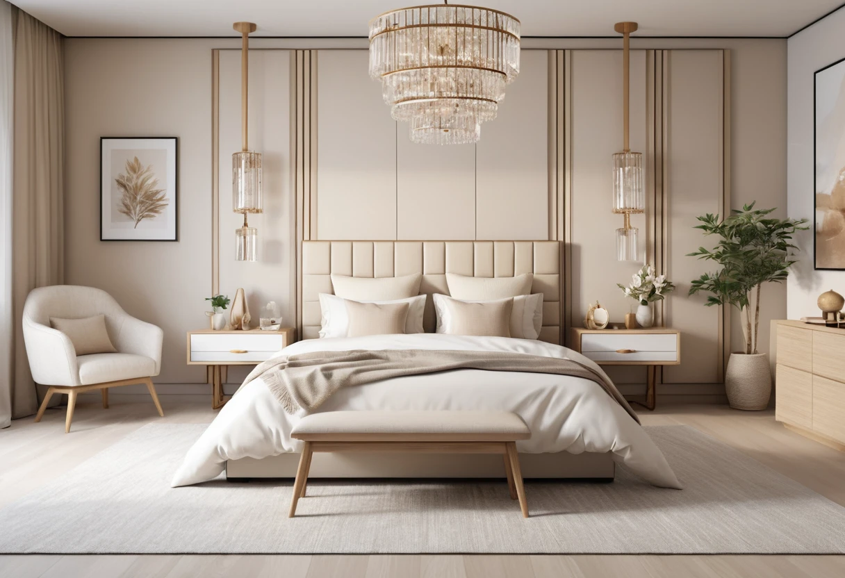 Japandi bedroom interior with soft beige accessories
