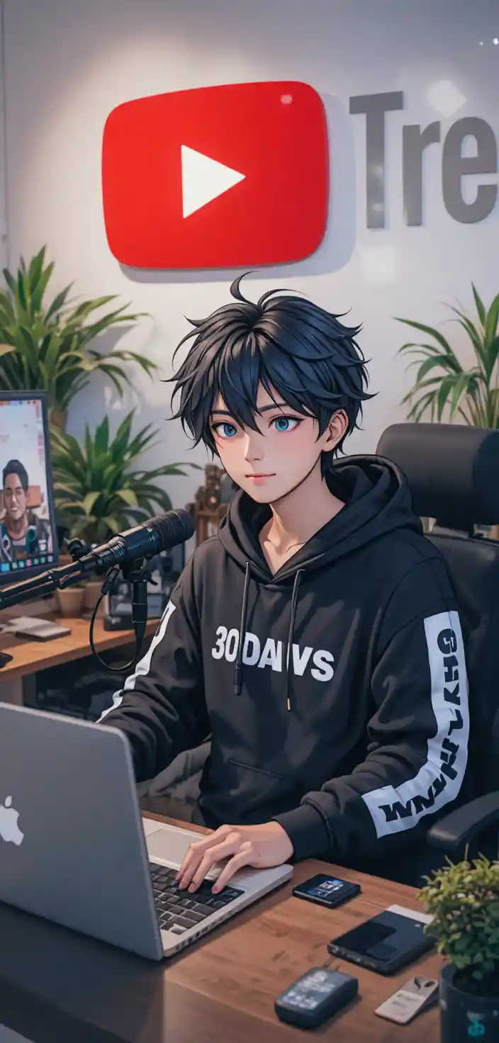 Anime boy at computer desk with studio microphone