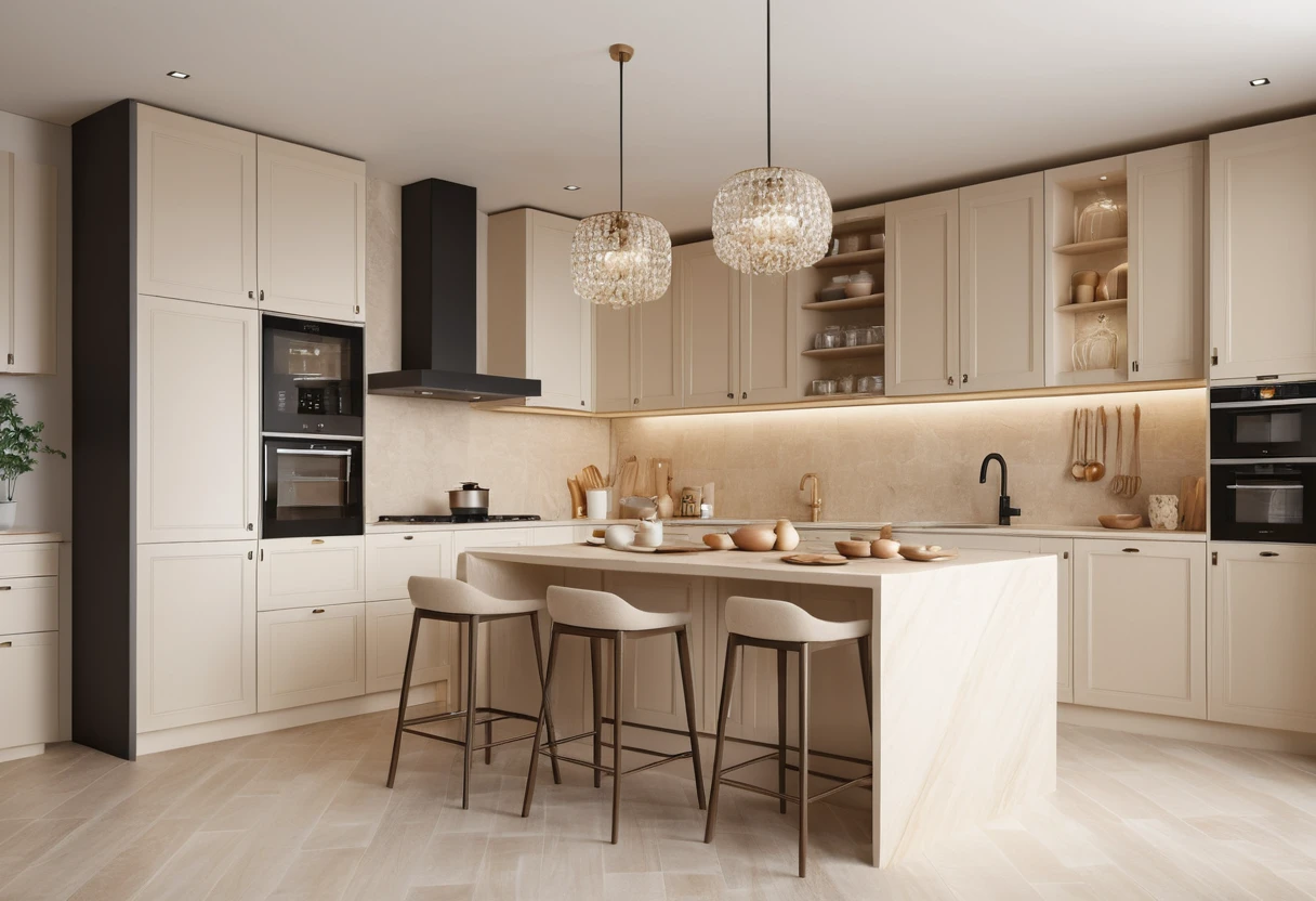 Japandi beige kitchen design with creamy modern accessories