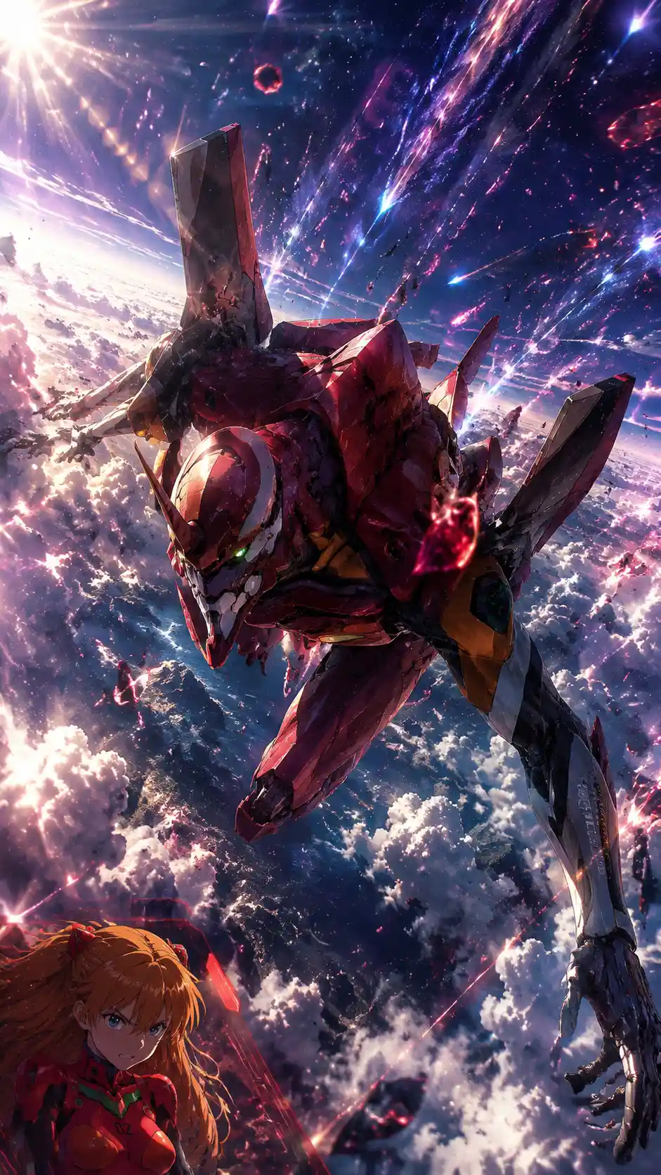 Red mecha diving through glowing meteor filled sky
