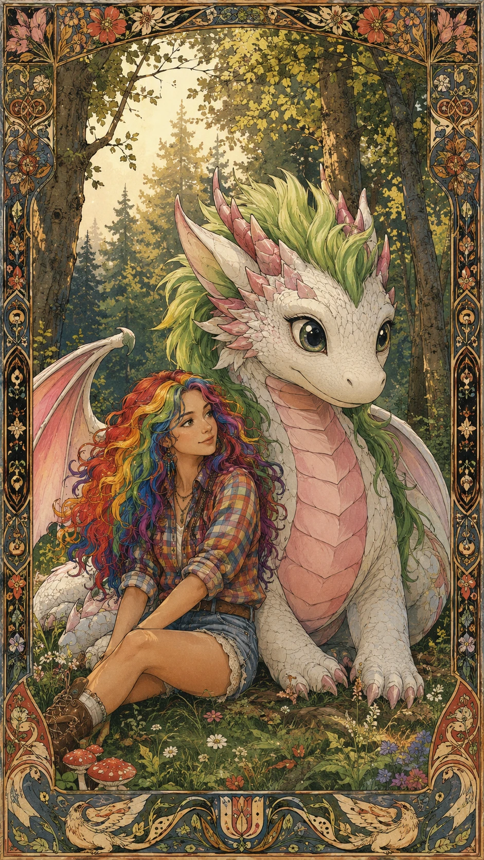 白いファンタジードラゴンと虹色の髪の女性がいる森