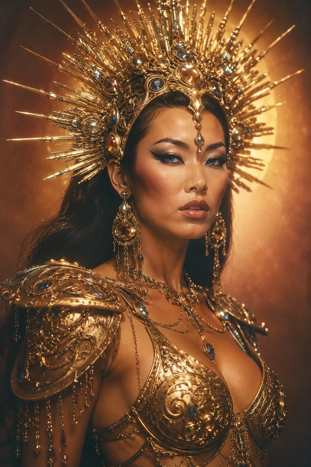 Regal asian woman in jeweled gold headdress portrait