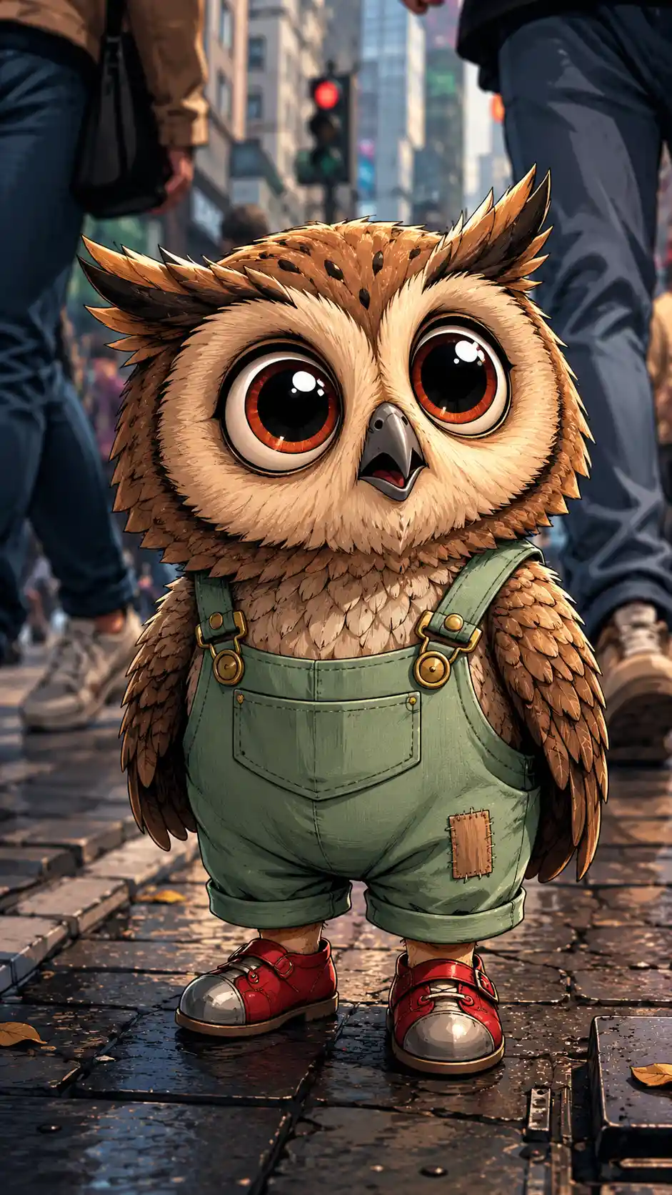 Cute plump owl in mint overalls on a city street