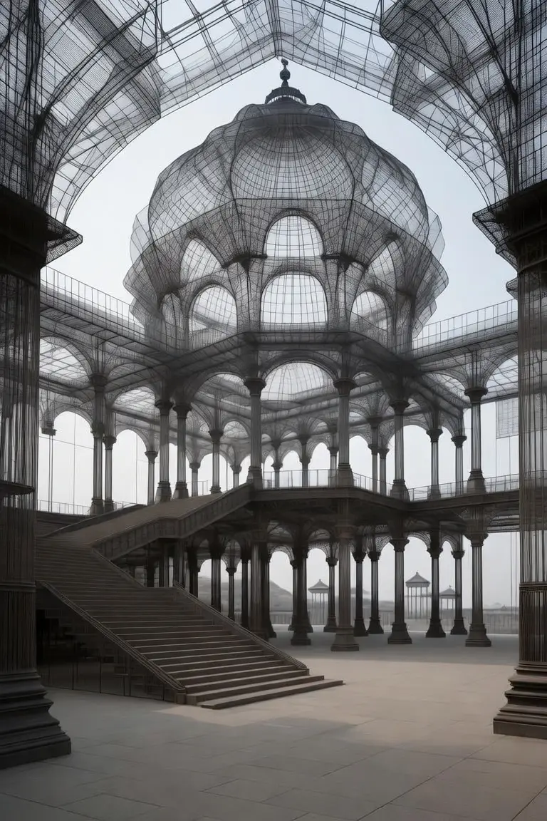 Wireframe dome building with columns and central stairways