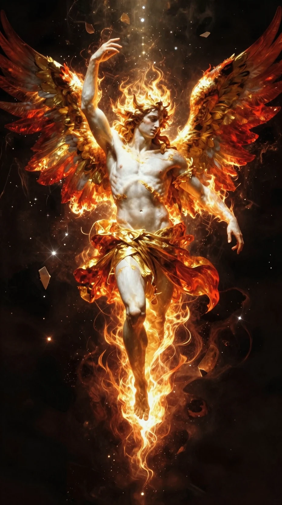 Fallen angel blazing with fire against a dark void