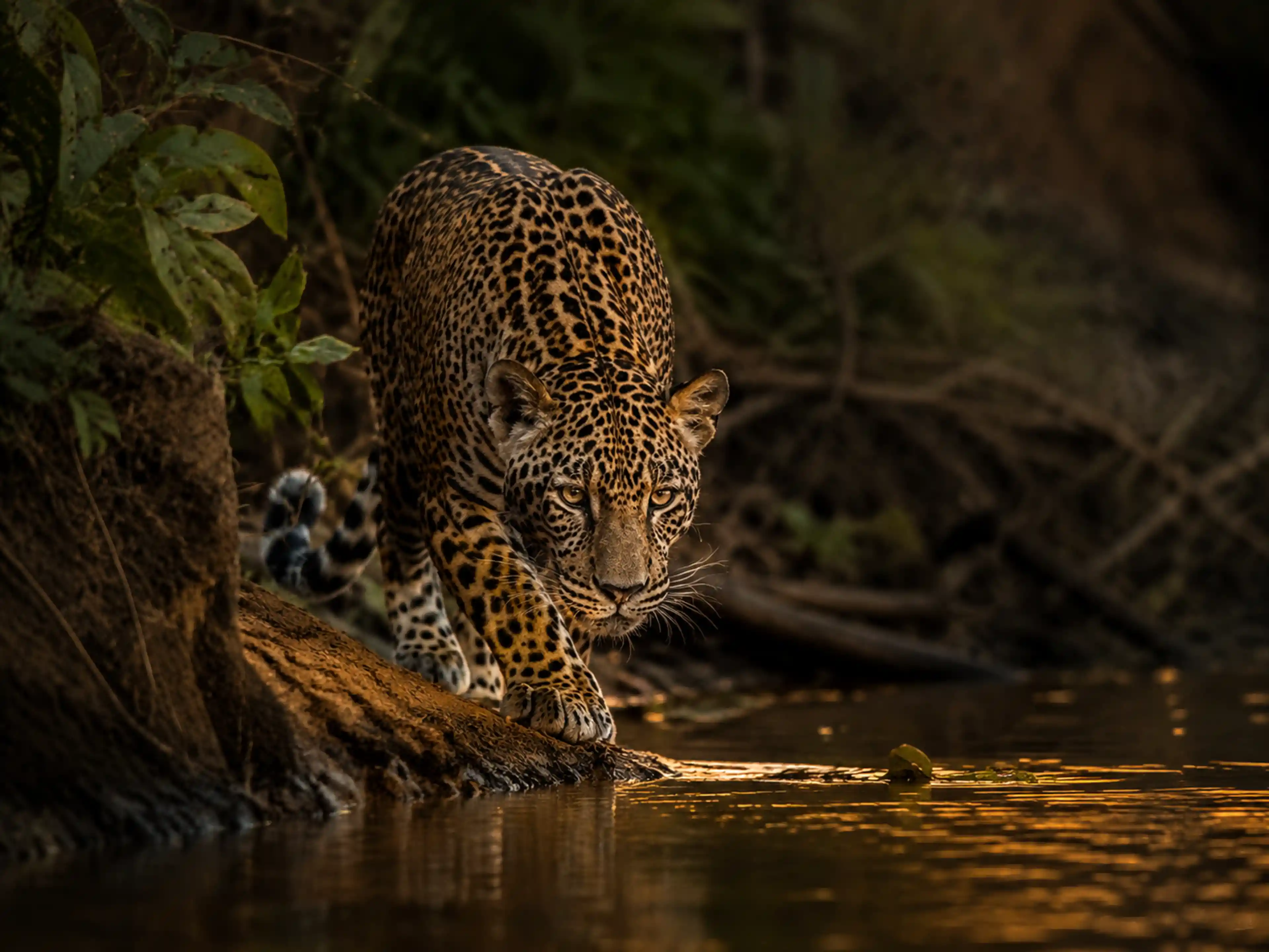Leopard creeping along a jungle river at dusk