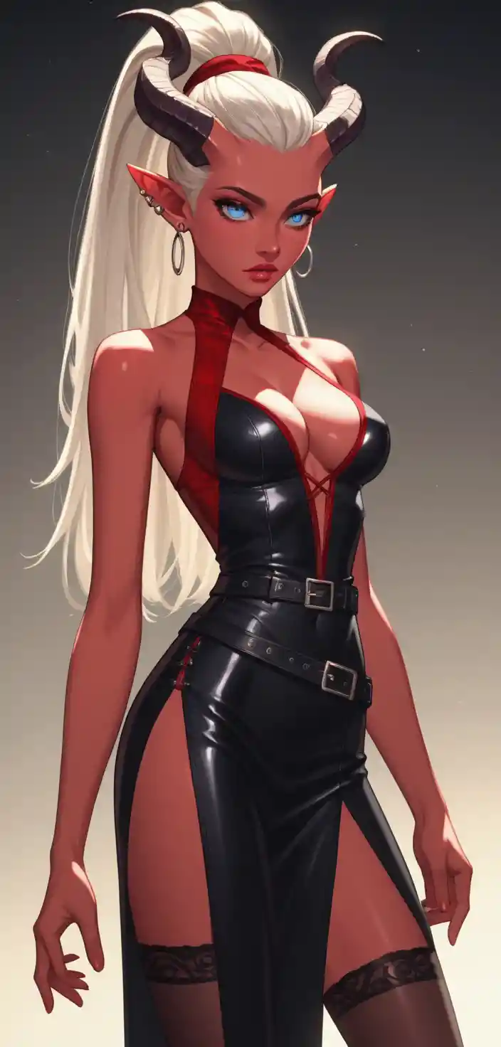 Elegant tiefling pinup woman in red satin dress