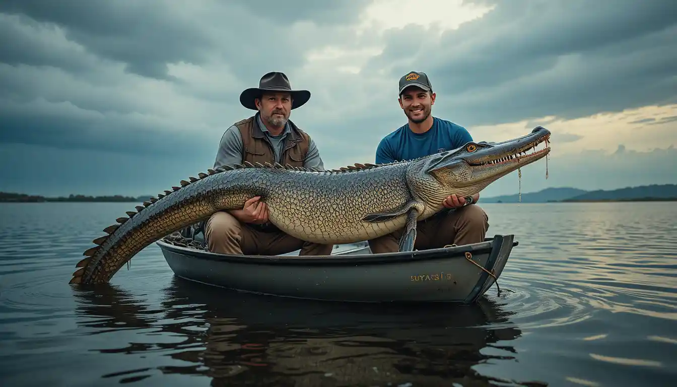 Two men holding a large alligator gar on a calm lake