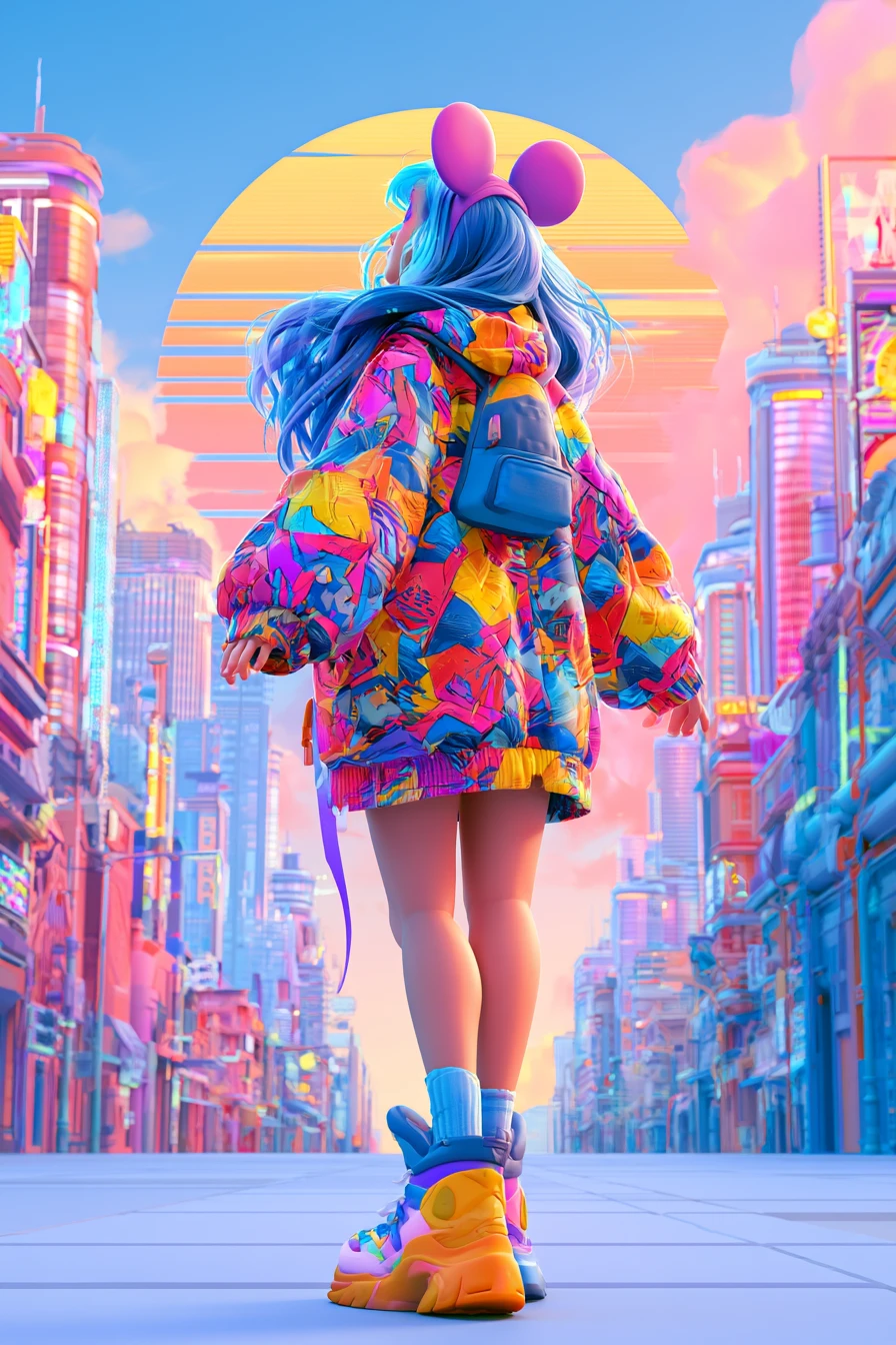 Mujer onírica entrando en una ciudad neón retrofuturista