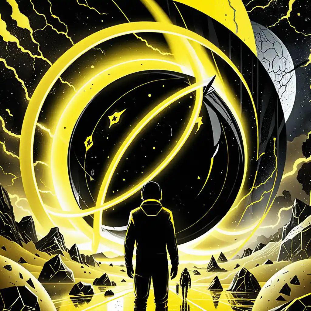 Futuristic black sci fi planet glowing with yellow neon light