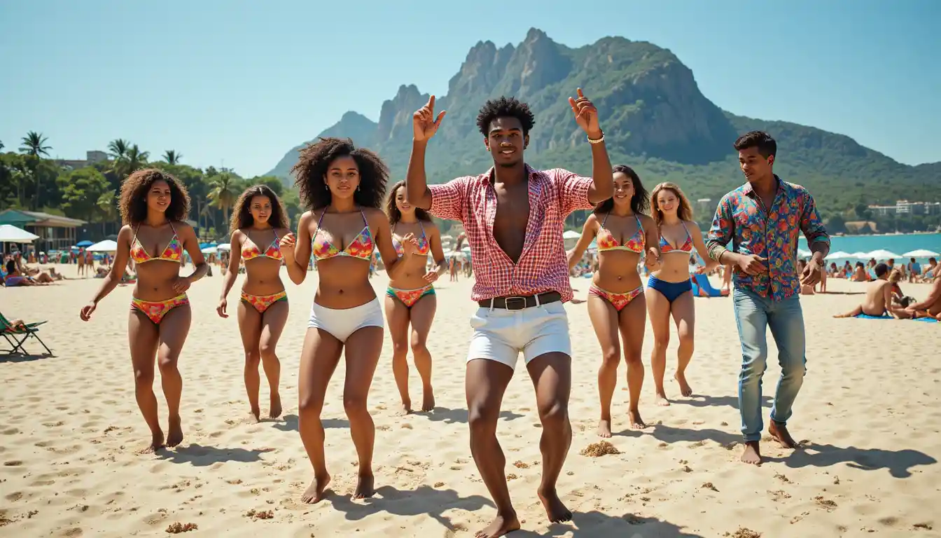 Young adults dancing together on a sunny sandy beach