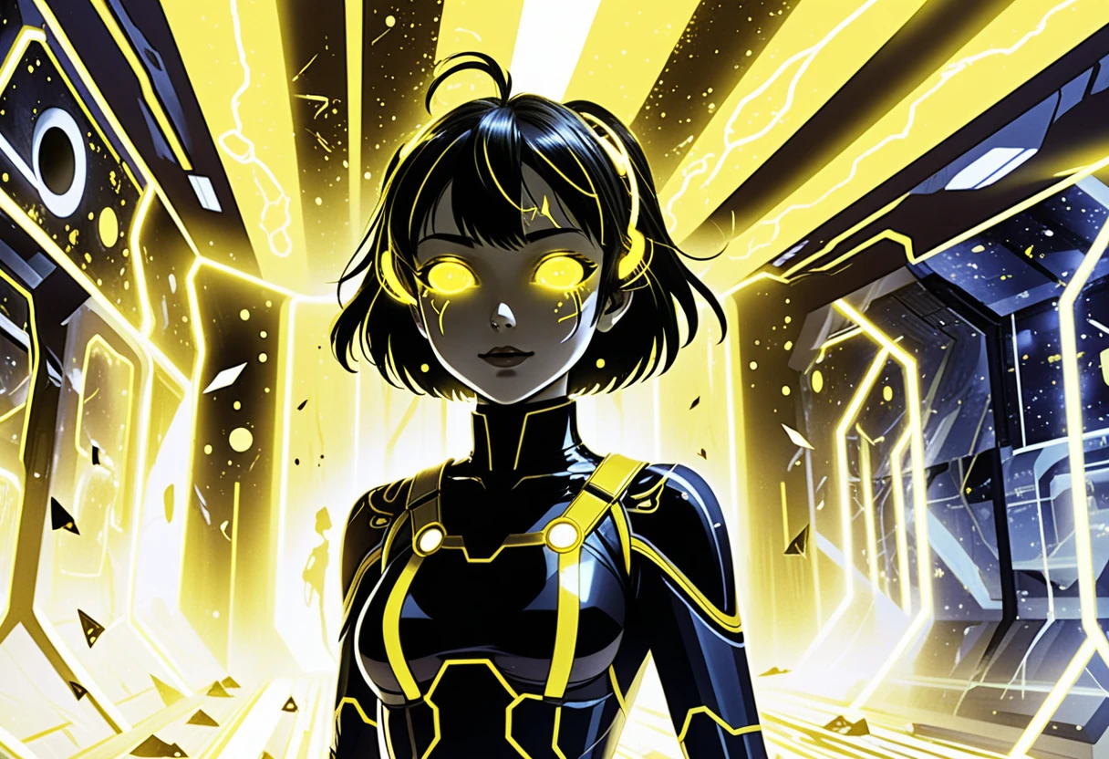 Anime girls in neon sci fi facility with yellow void