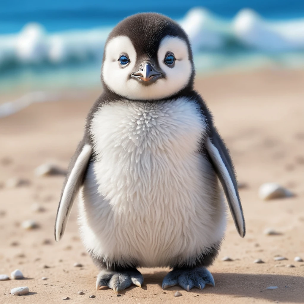 Cute baby penguin with blue eyes in fluffy cartoon drawing