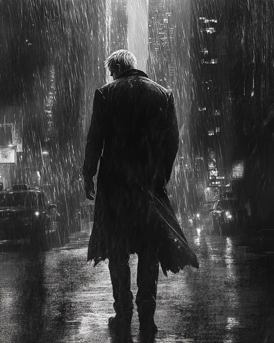 Lonely man standing in the rain on an empty city street