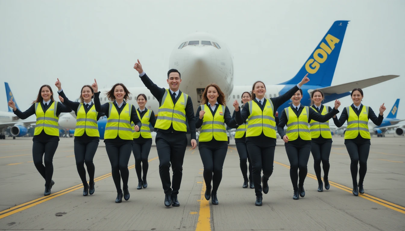 Airport ground crew dancing together beside passenger airplane