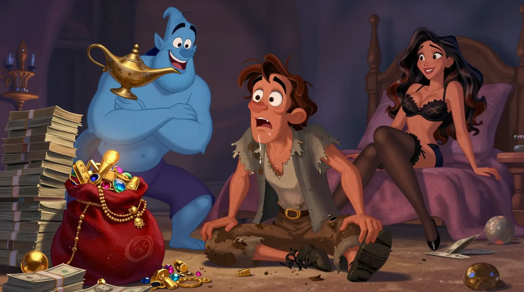 Cartoon man stunned by a magical blue genie