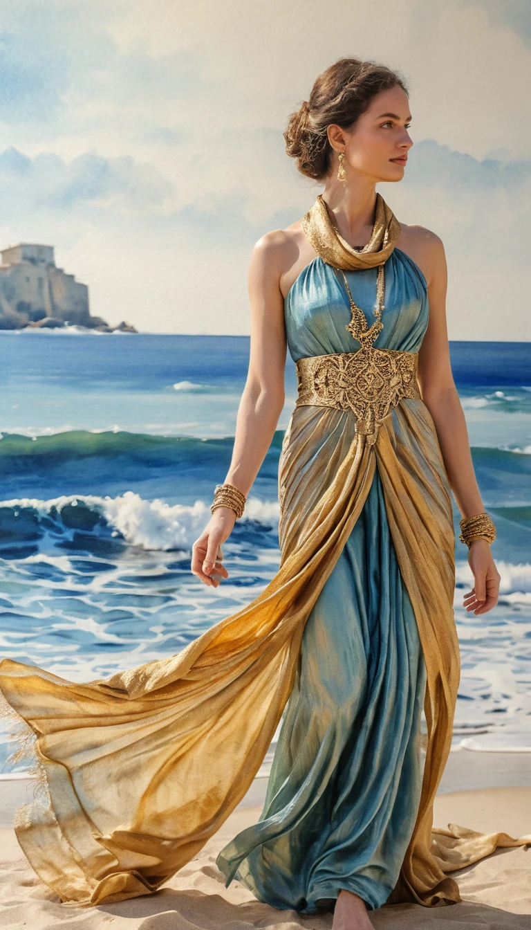 Ancient queen in noble dress with shimmering sea silk scarf