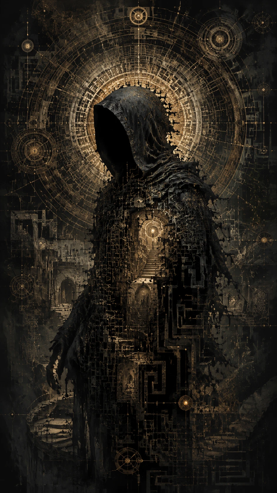 Mysterious silhouetted figure framed by labyrinth like abstract patterns