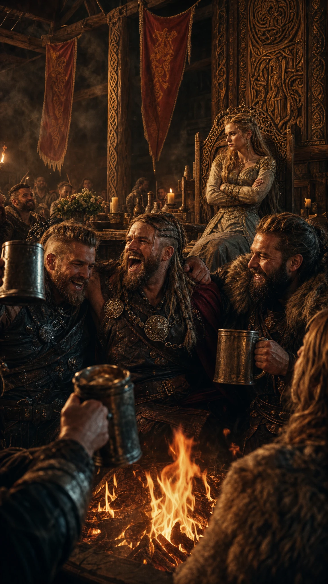 Novio vikingo riendo en un salón de hidromiel abarrotado