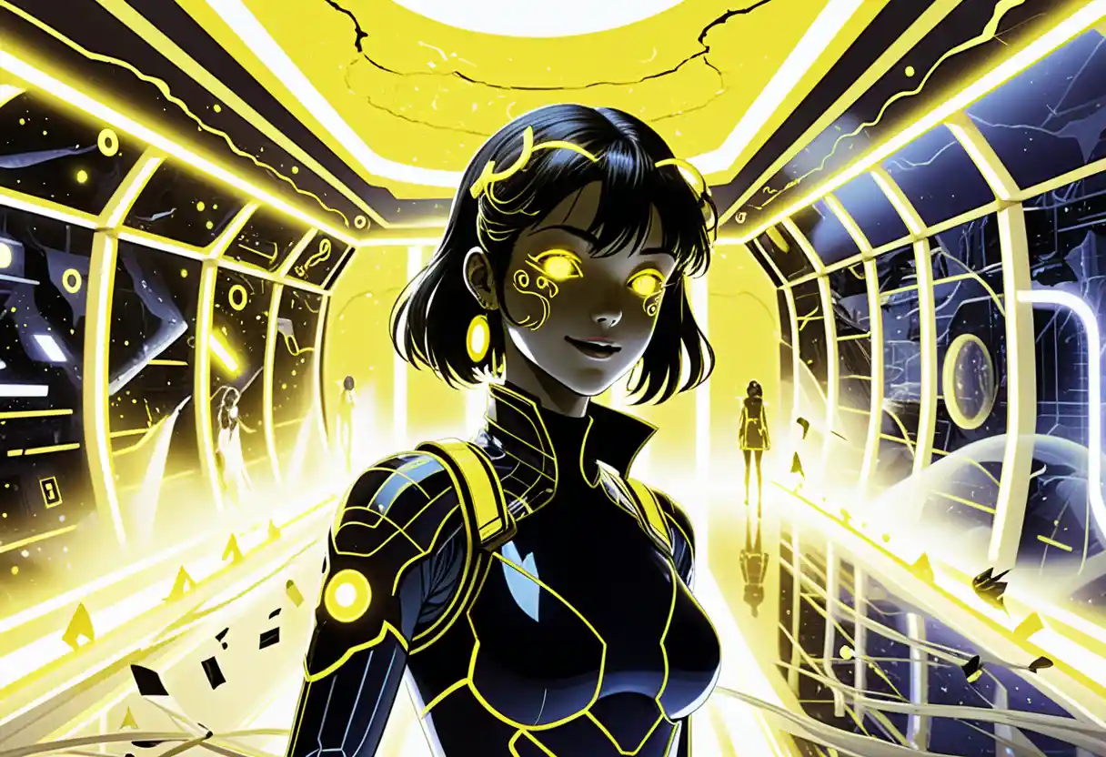 Anime girls in neon lit sci fi facility with yellow glow