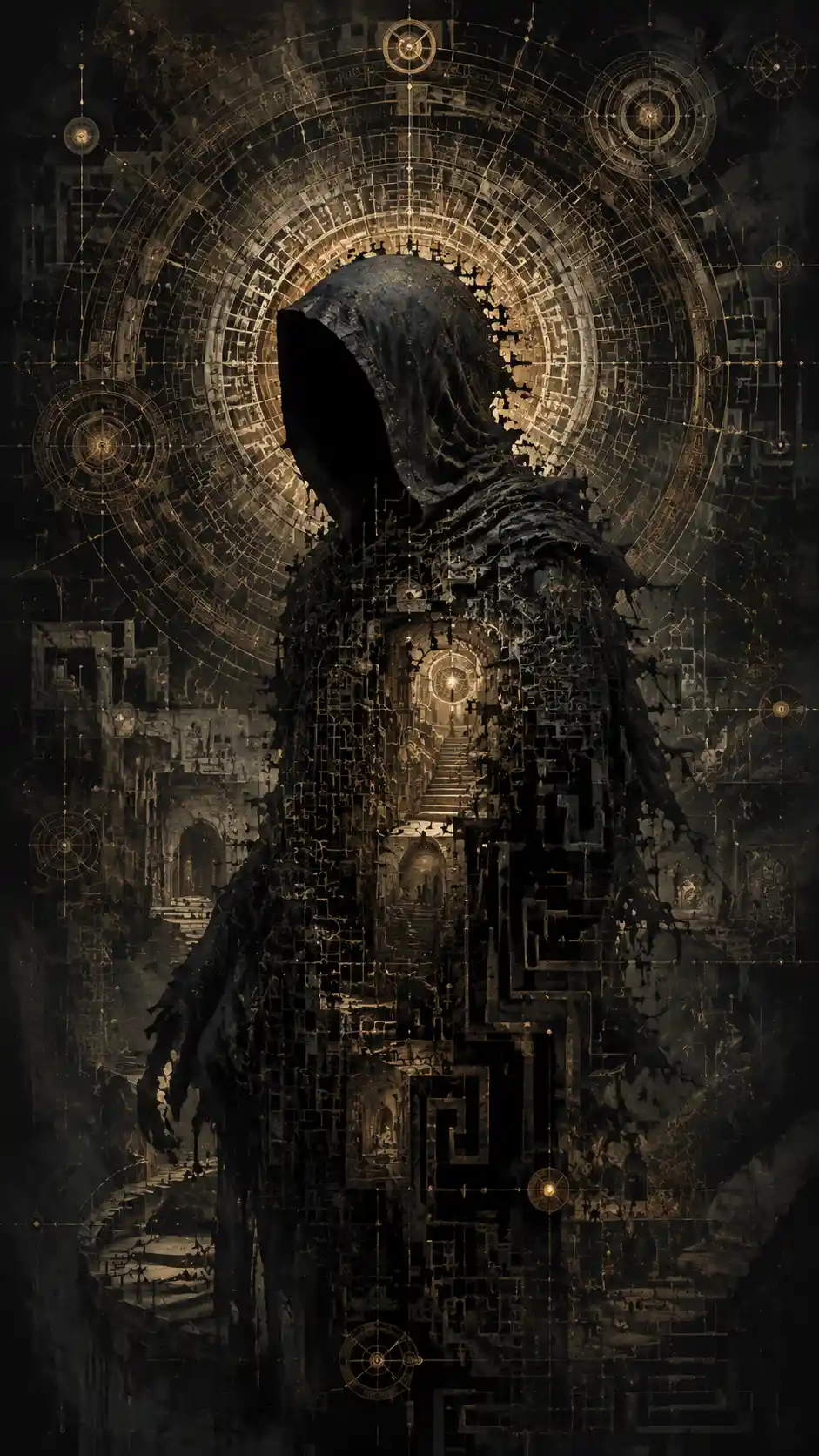 Mysterious silhouetted figure framed by labyrinth like abstract patterns