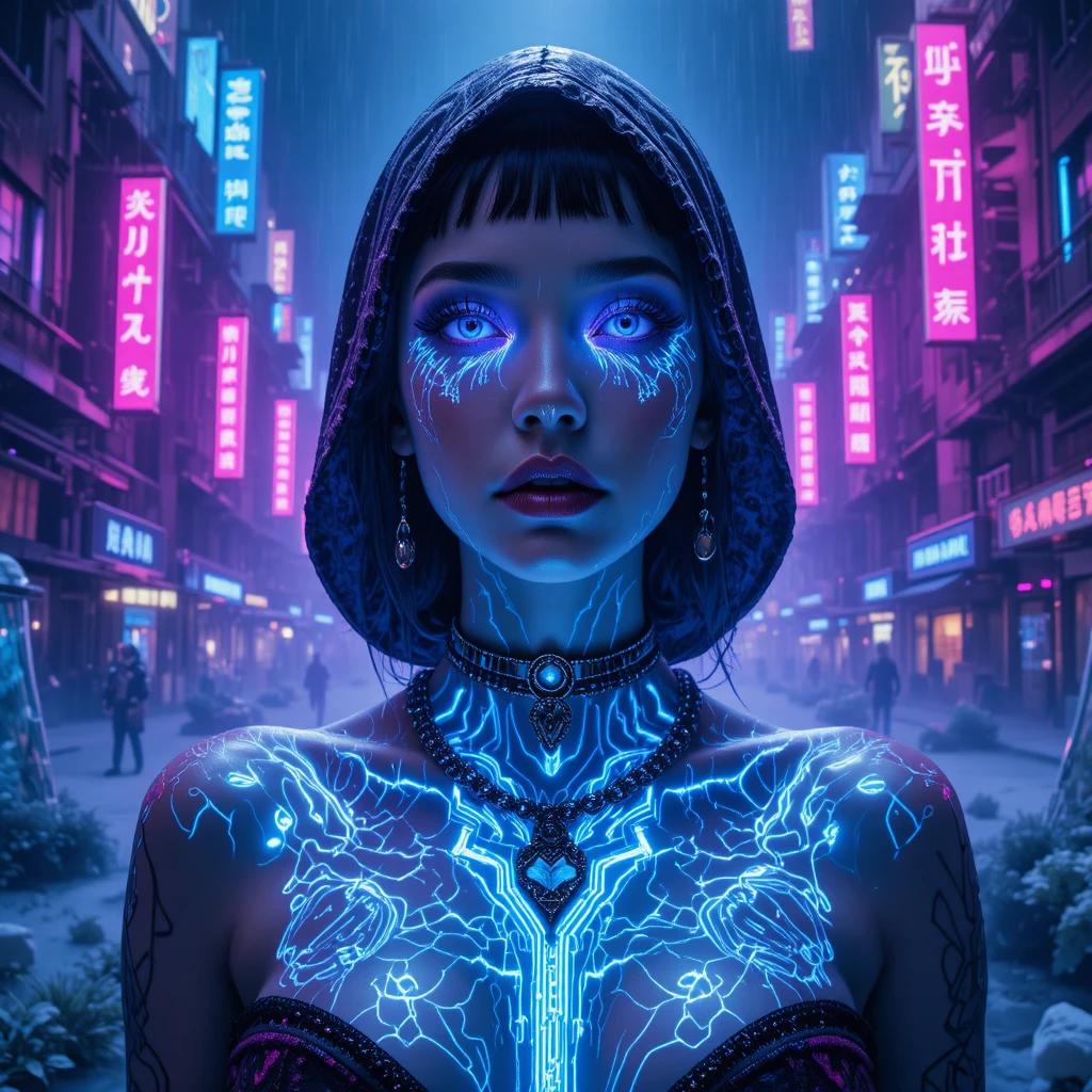 Noir femme fatale portrait with glowing cybernetic tattoos