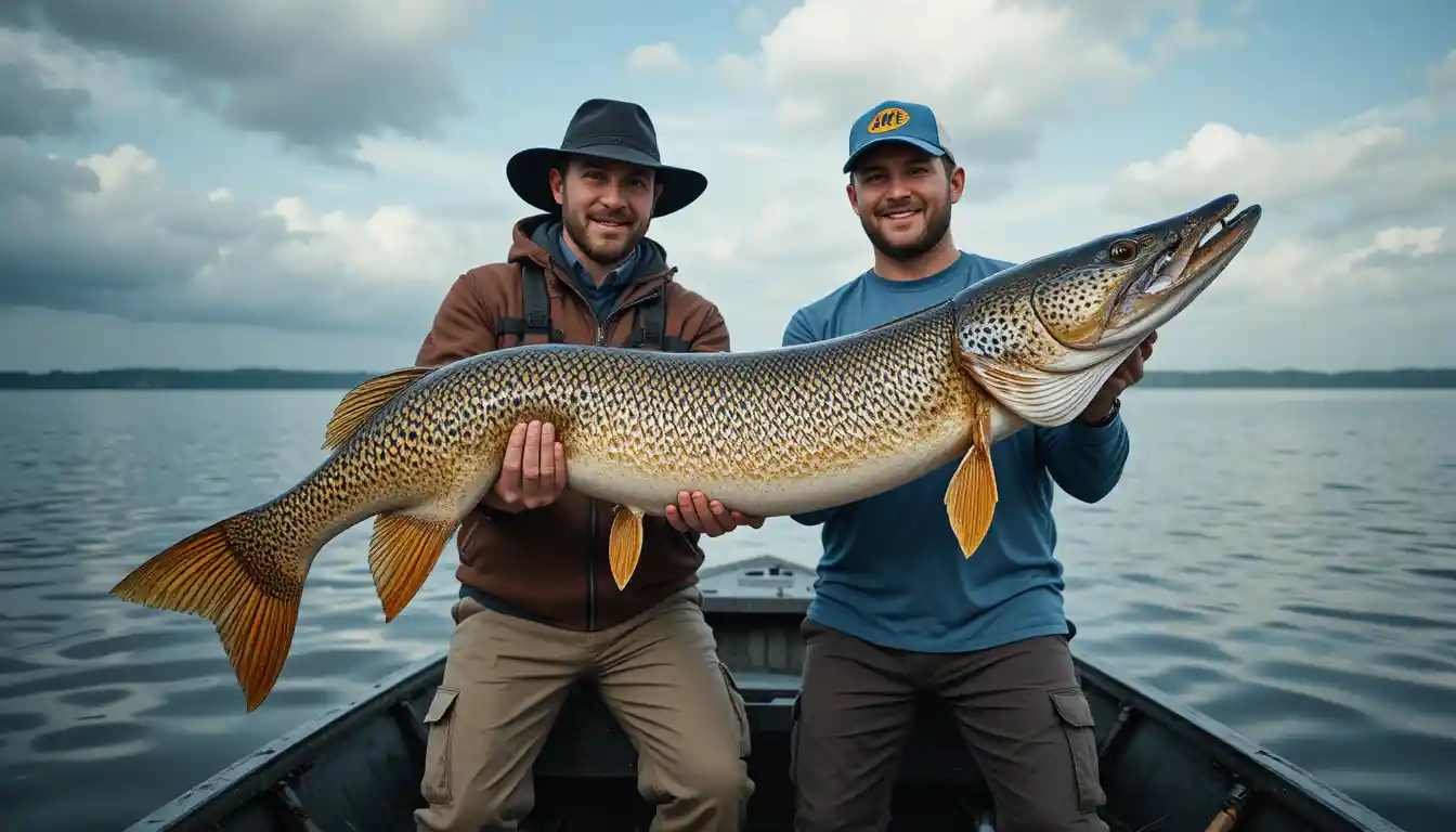 Two men holding a large pike on a calm lake
