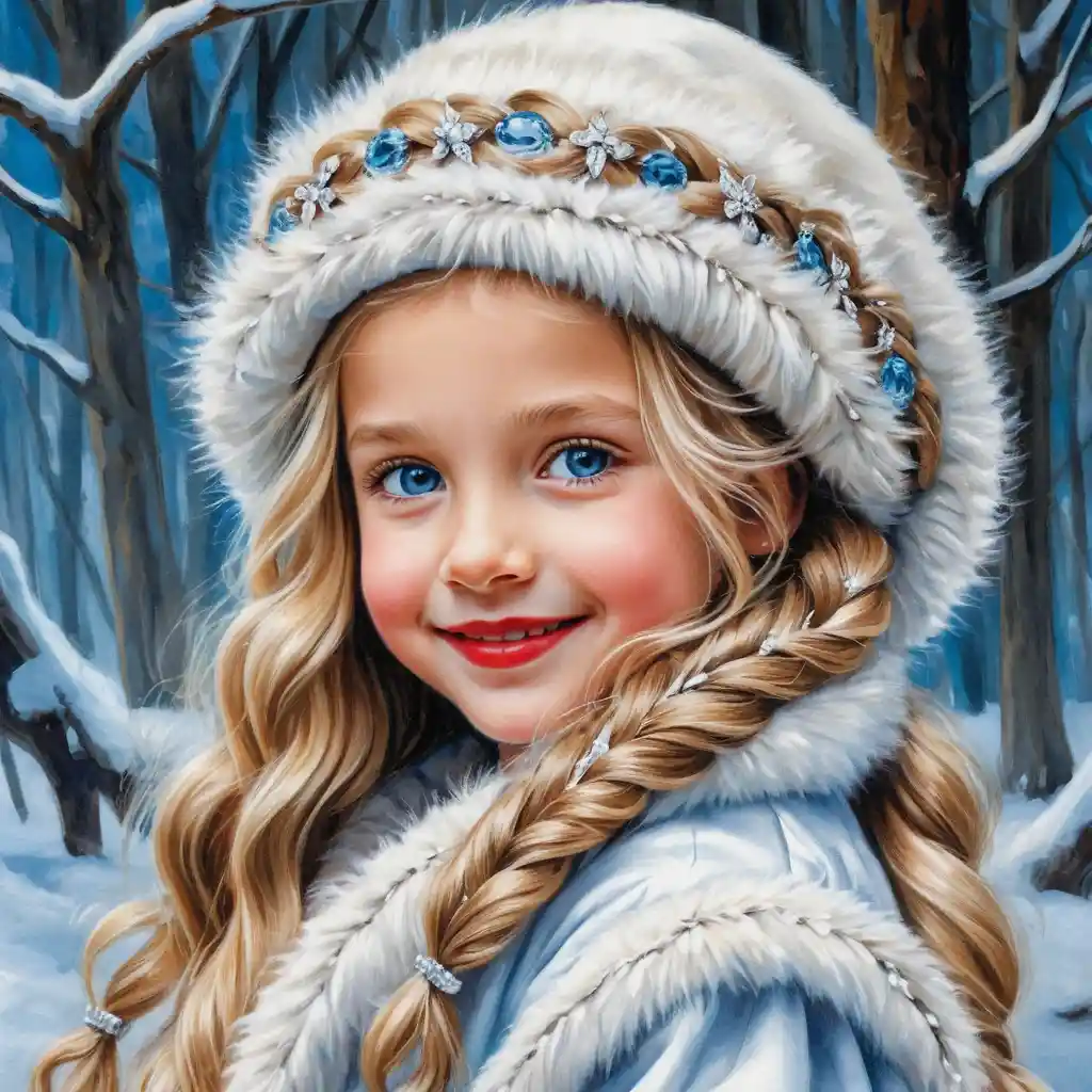 Smiling blonde girl in white winter fur coat portrait