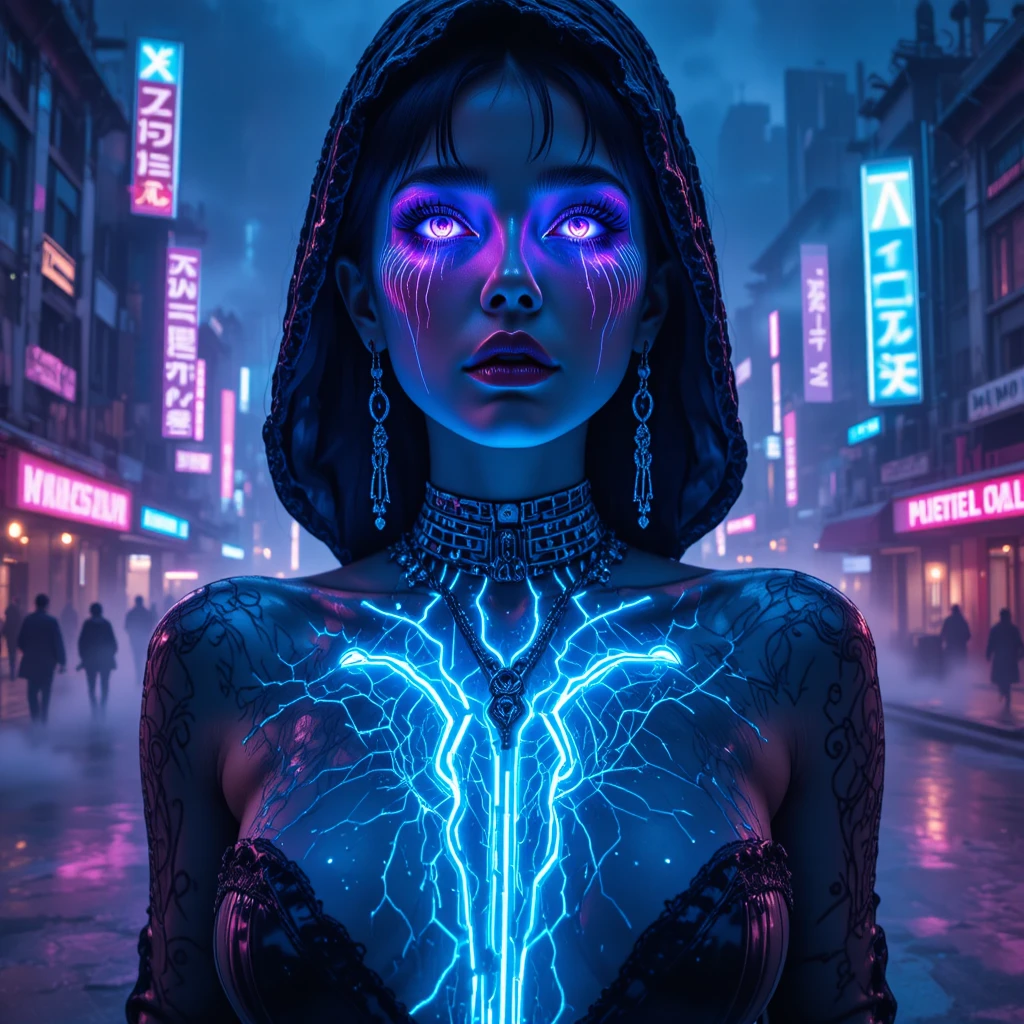Noir portrait of a futuristic femme fatale with glowing tattoos