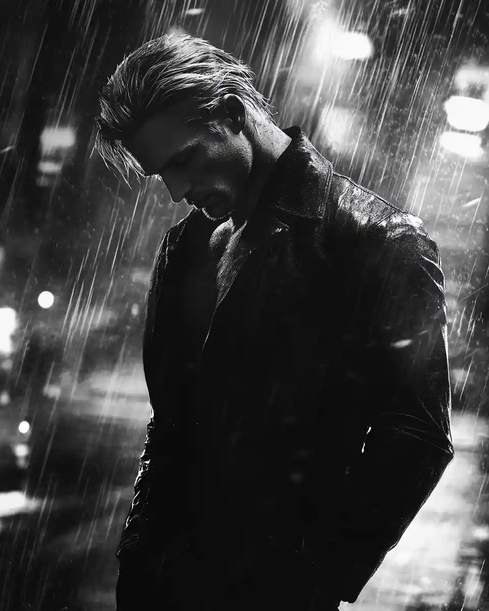 Lonely man standing in the rain on an empty city street