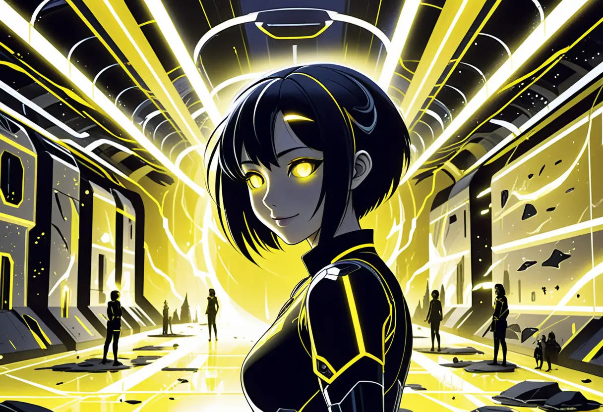 Anime girls in a glowing sci fi research facility