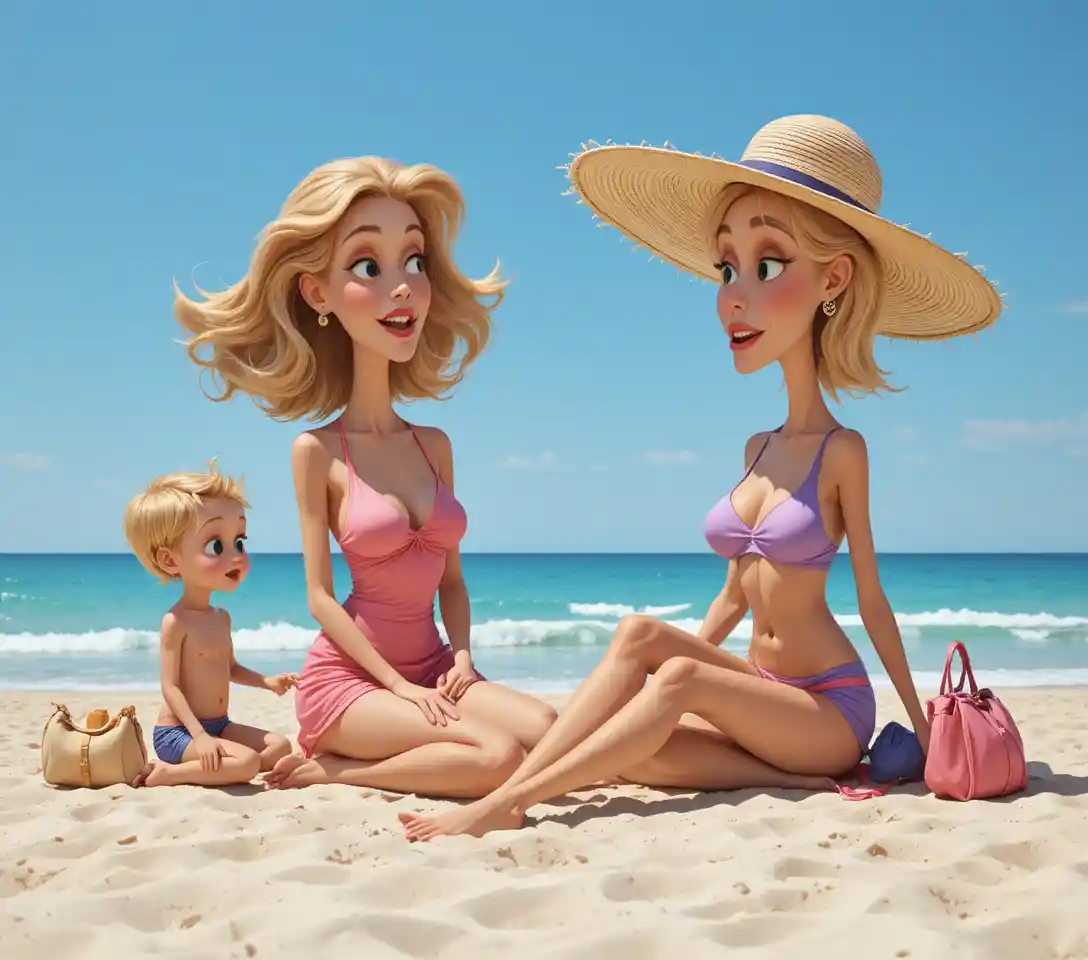 Women relaxing with a child on a sunny sandy beach