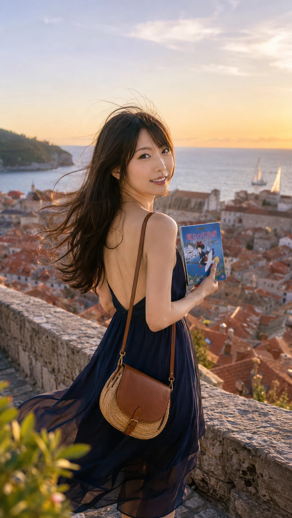Young woman on Dubrovnik city walls at golden hour